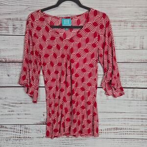 Escapada Red White Flutter Sleeve Tunic Top S Geometric Festive Holiday Party